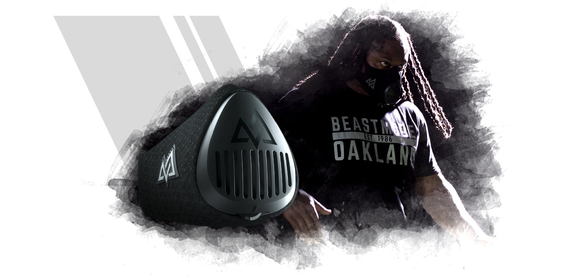 Marshawn Lynch in photo wearing Training Mask 3.0 and Training Mask 3.0 featured on left side