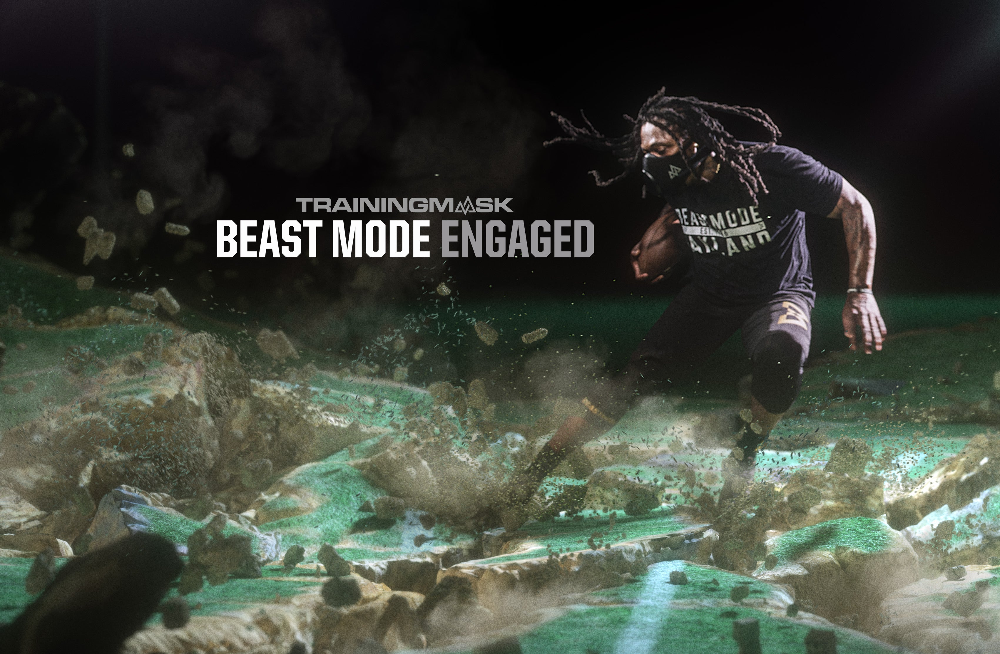 Load video: Marshawn Lynch highlight video that shows training mask 3.0 and is titled BEAST MODE Enguaged